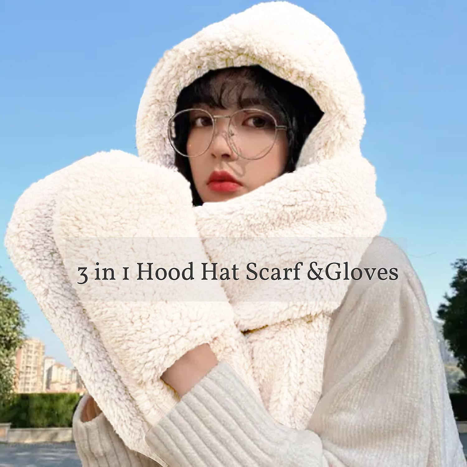 Winter Faux Fur Hood Hat Scarf And Gloves 3 In 1 Hooded Scarf For Women Men Beige White -