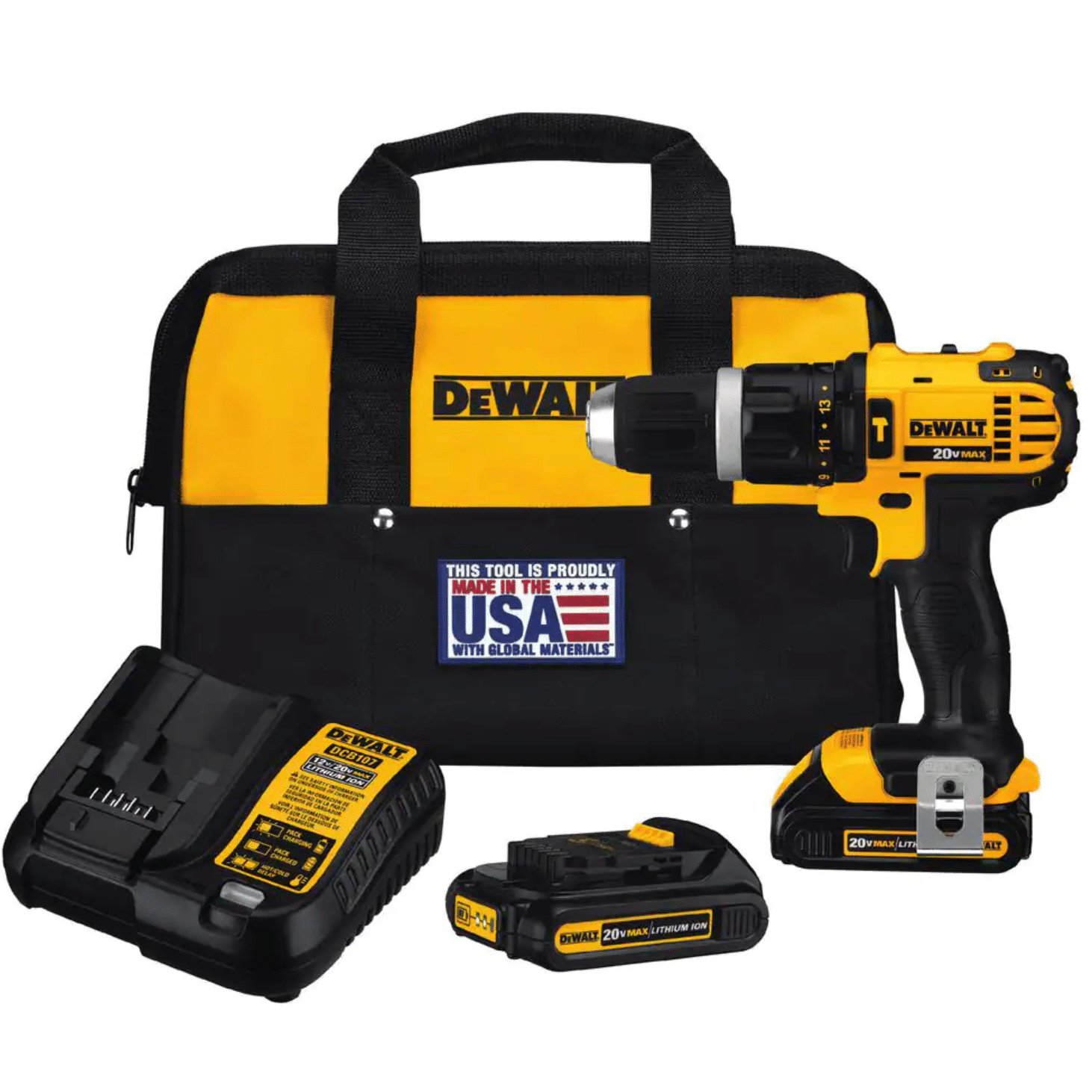 Dewalt DCD785C2 20-Volt MAX Cordless Compact 1/2 in. Hammer Drill/Driver with Batteries， Charger and Bag