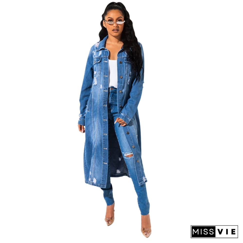 Women Broken Holes Long Denim Cape Coat Dress