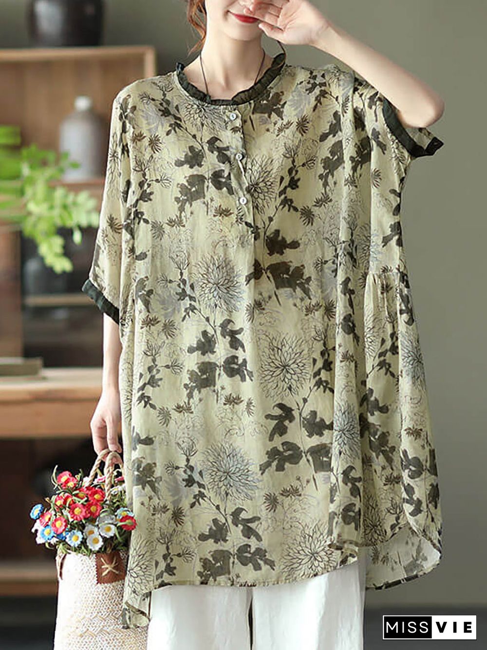 Plus Size - Ramie Floral Vintage Women Print Casual Shirt