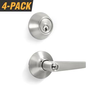 Premier Lock Stainless Steel Entry Door Handle Combo Lock Set with Deadbolt and 16 KW1 Keys Total (4-Pack Keyed Alike) LED03-4