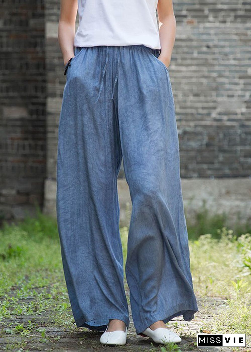 Plus Size Denim Blue Elastic Waist Pockets Cotton Straight Pants Fall