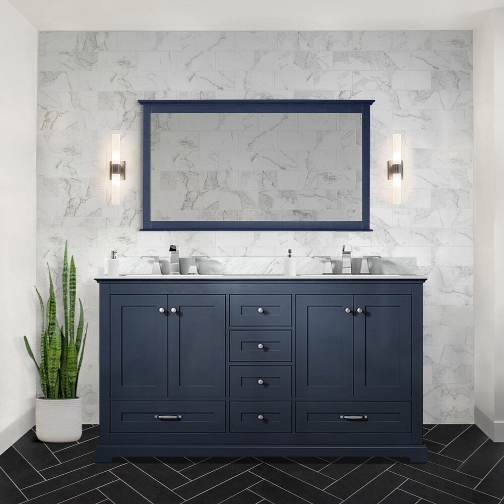 Dukes 60 in. W x 22 in. D Navy Blue Double Bath Vanity  Carrara Marble Top  and 58 in. Mirror