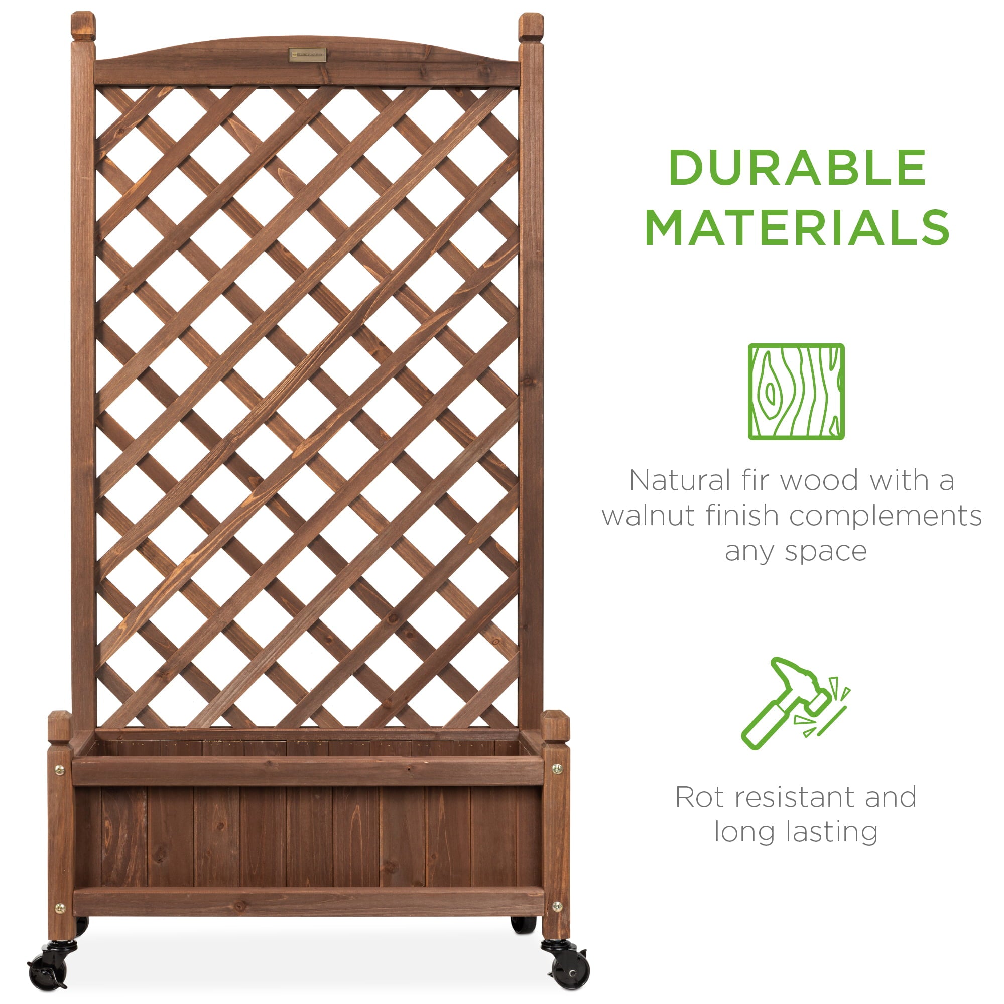 Best Choice Products 48in Mobile Wood Planter Box & Diamond Lattice Trellis, w/ Drainage Holes, Optional Wheels - Walnut