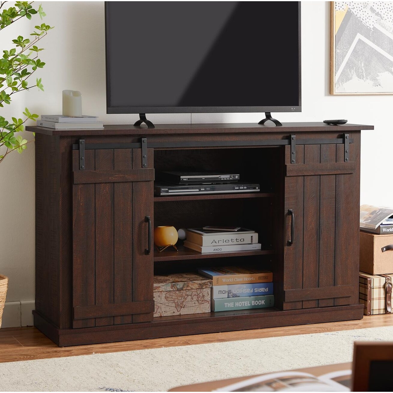 TV Stand， Fits most 60'' flat panel TVs， Brown