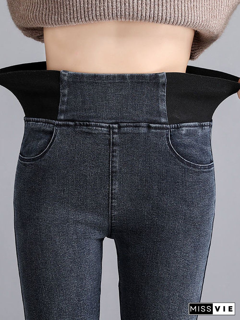 Elasticity Waist Loose Plain Denim Jeans