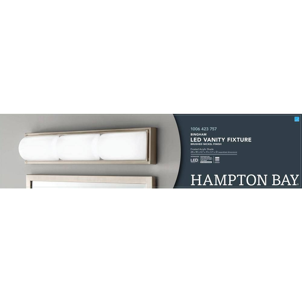 Hampton Bay Bingham 24.02 in. 1-Light Brushed Nickel Integrated LED Bathroom Vanity Light Bar with Frosted Acrylic Shade KQS1303LX-02