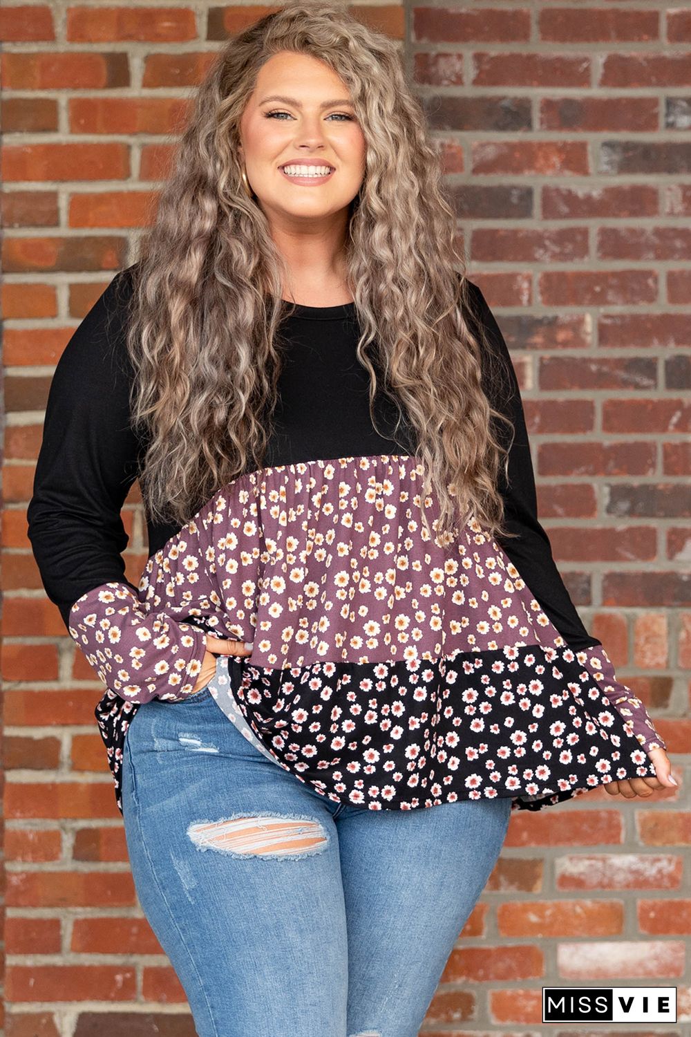 Black Floral Pattern Color Block Plus Size Pullover Top