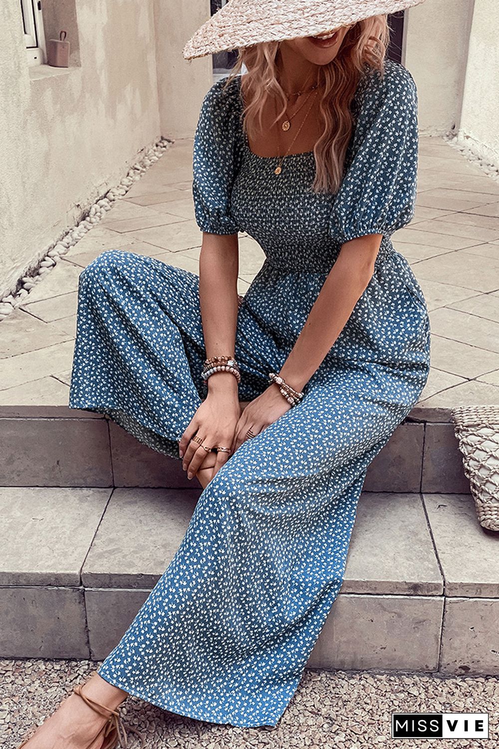 Printed Squared Neck Smocked Puff Wide Leg Jumpsuit