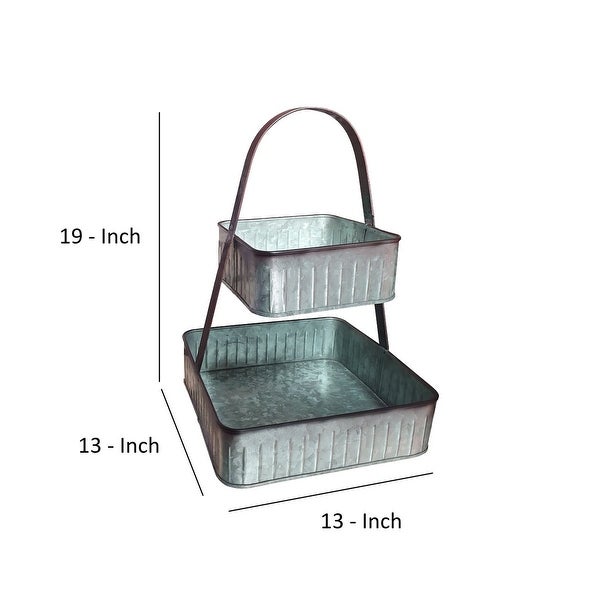 2 Tier Square Galvanized Metal Corrugated Tray with Arched Handle， Gray - 19 H x 13 W x 13 L Inches