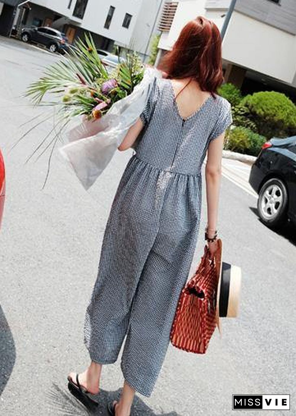 Beautiful plaid casual zippered jumpsuit pants Sewing trousers