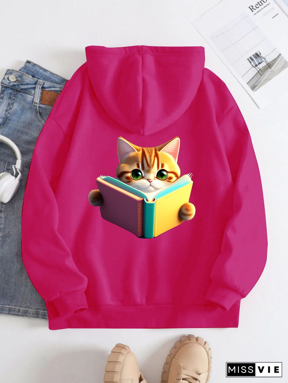 Printed on the Back Kangaroo Pocket Hoodie Long Sleeve for Women Pattern  Cat Reading a Book