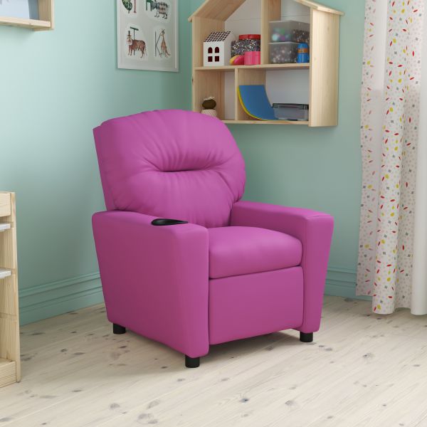 Chandler Contemporary Hot Pink Vinyl Kids Recliner with Cup Holder