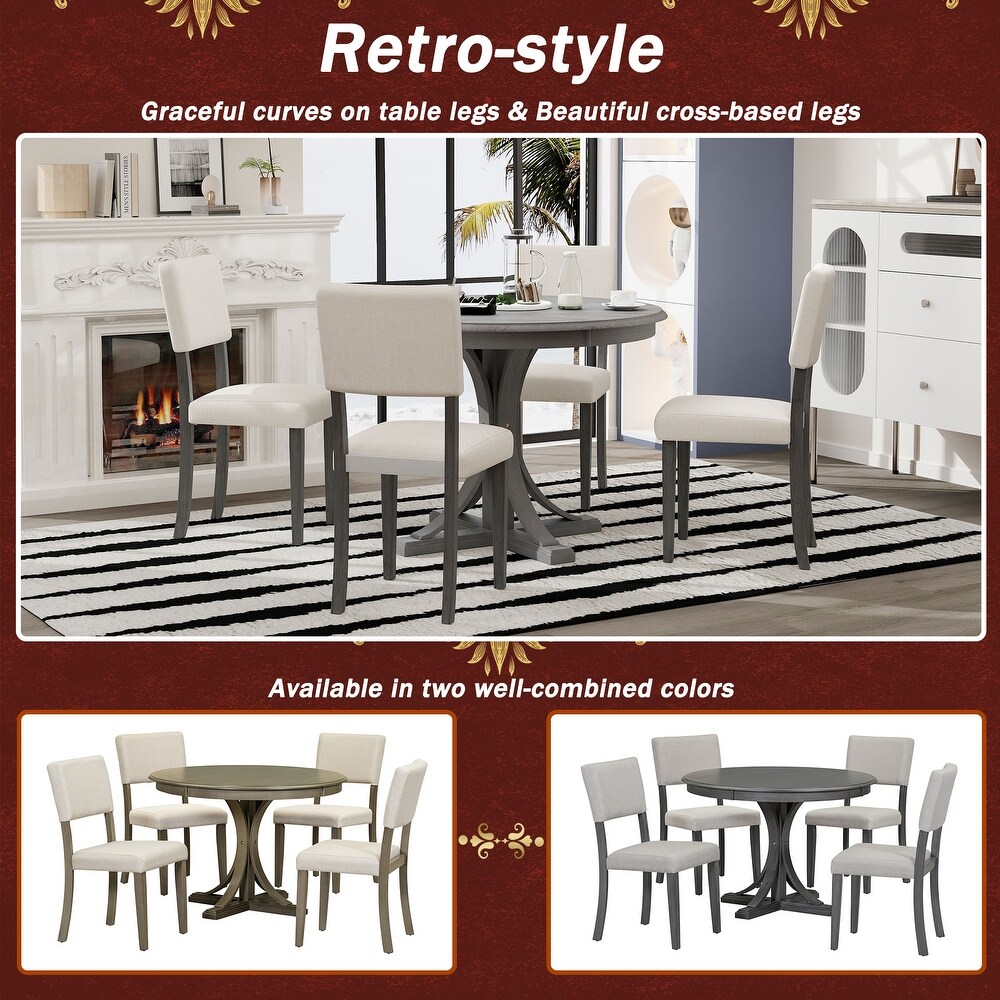 5 Piece Retro Round Dining Table Set with Curved Trestle Style Legs and 4 Upholstered Chairs  Kitchen Furniture