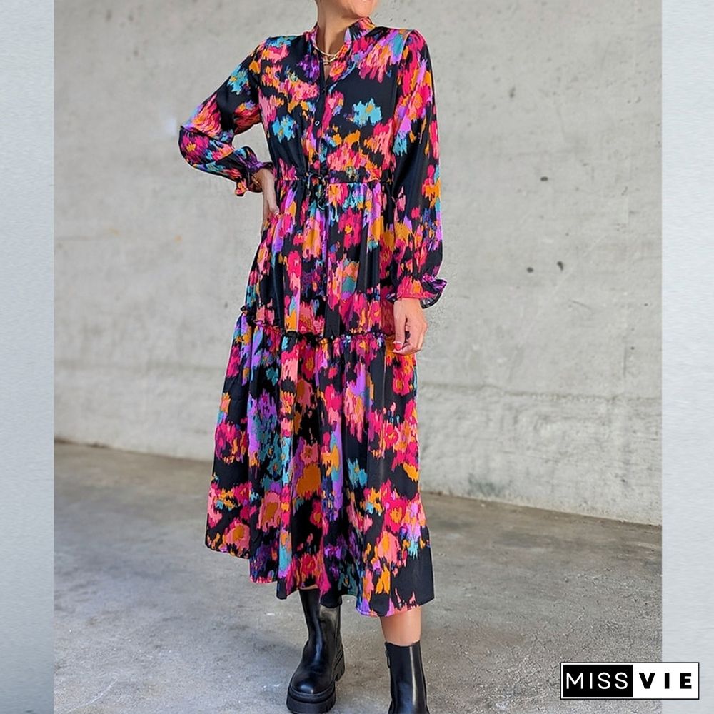 Fashion Floral Print Long Dress Women Fall Vintage Long Sleeve Stand Collar Single Breasted Waist Dress Women Loose Boho Dresses