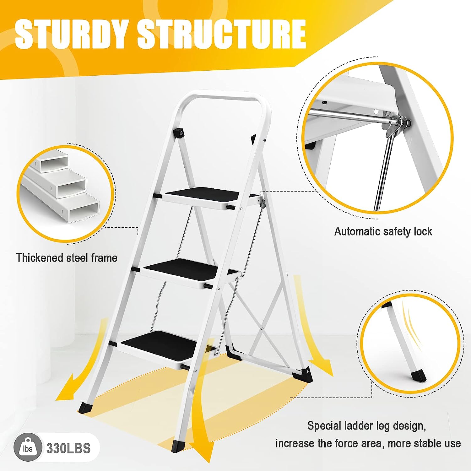 3 Step Ladder, Folding Step Stool with Wide Anti-Slip Pedal, 500lbs Sturdy Steel Ladder, Convenient Handgrip, Lightweight, Portable Steel Step Stool, Black