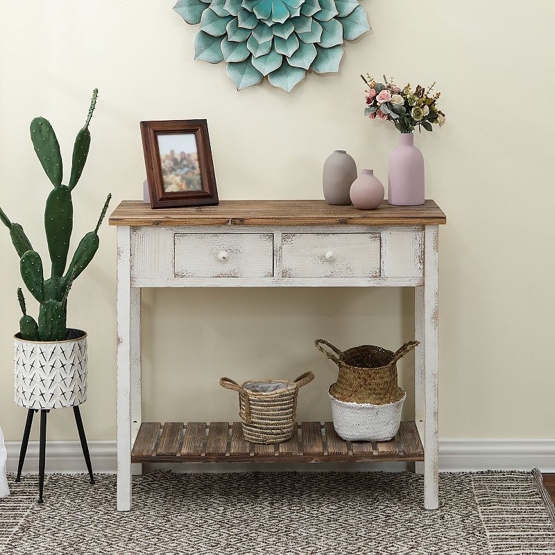 LuxenHome Distressed White And Wood 2-drawer 1-shelf Console And Entry Table