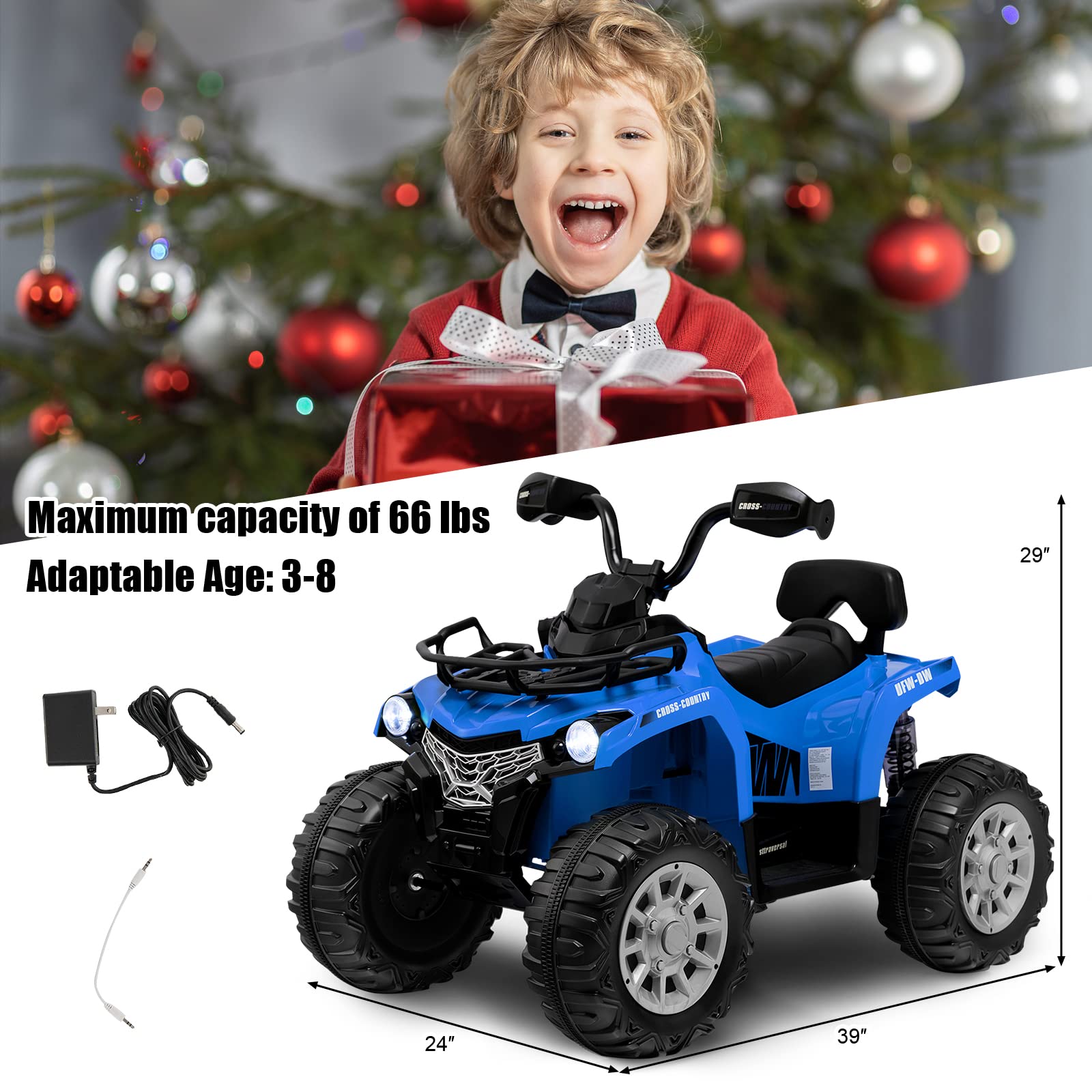 Costzon Kids ATV, 12V Battery Powered Electric Vehicle w/ Music, Headlights, MP3, Spring Suspension