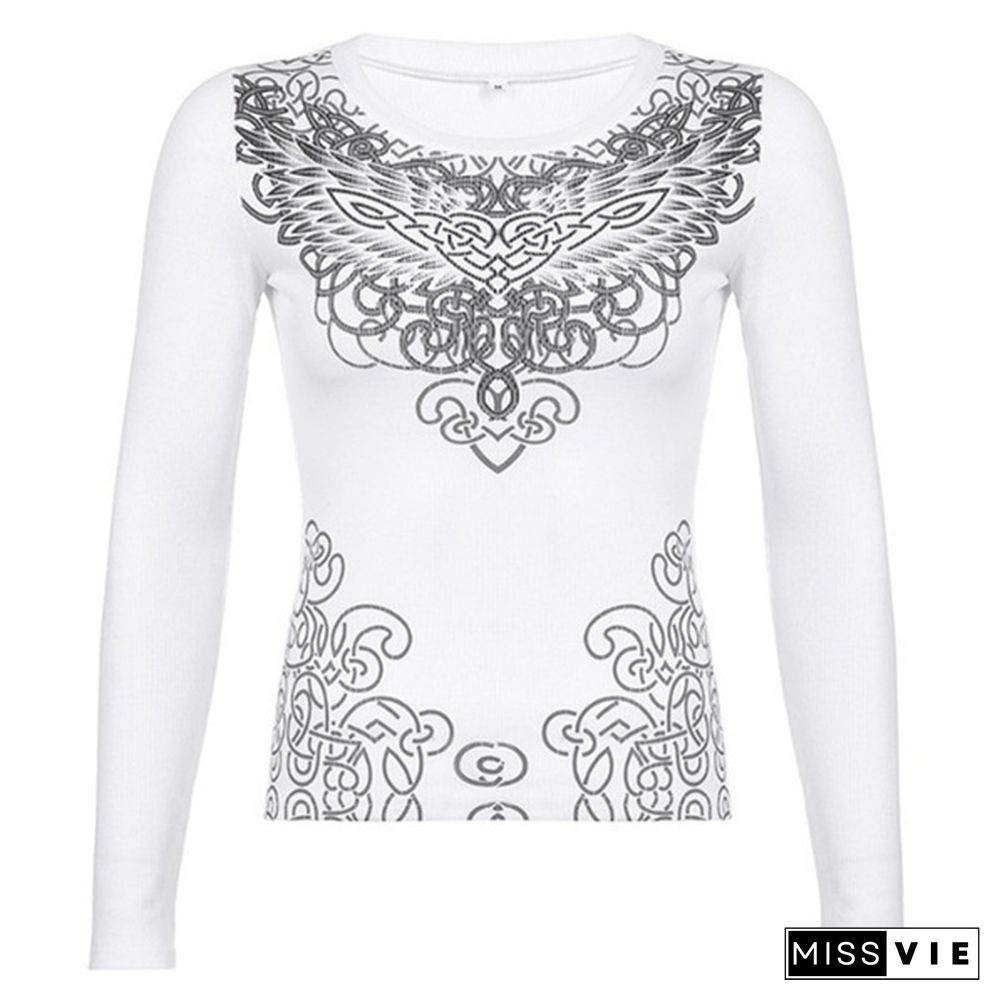 Women Casual Long Sleeve Slim Fit Tops Shirt T-shirt Summer Blouse Tops with Graphic Print