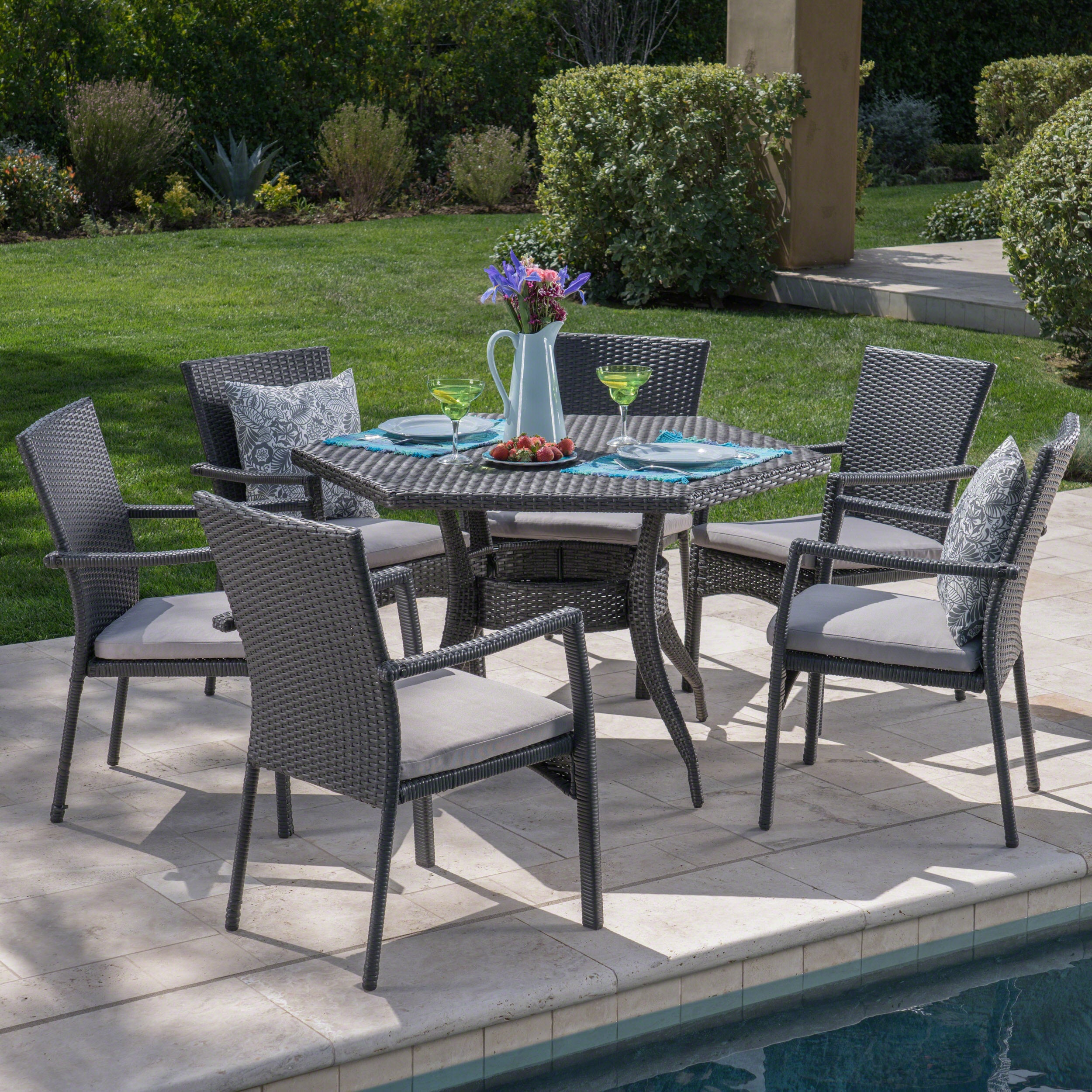 Bartley Outdoor 7 Piece Wicker Hexagon Dining Set with Brown Wicker Chairs