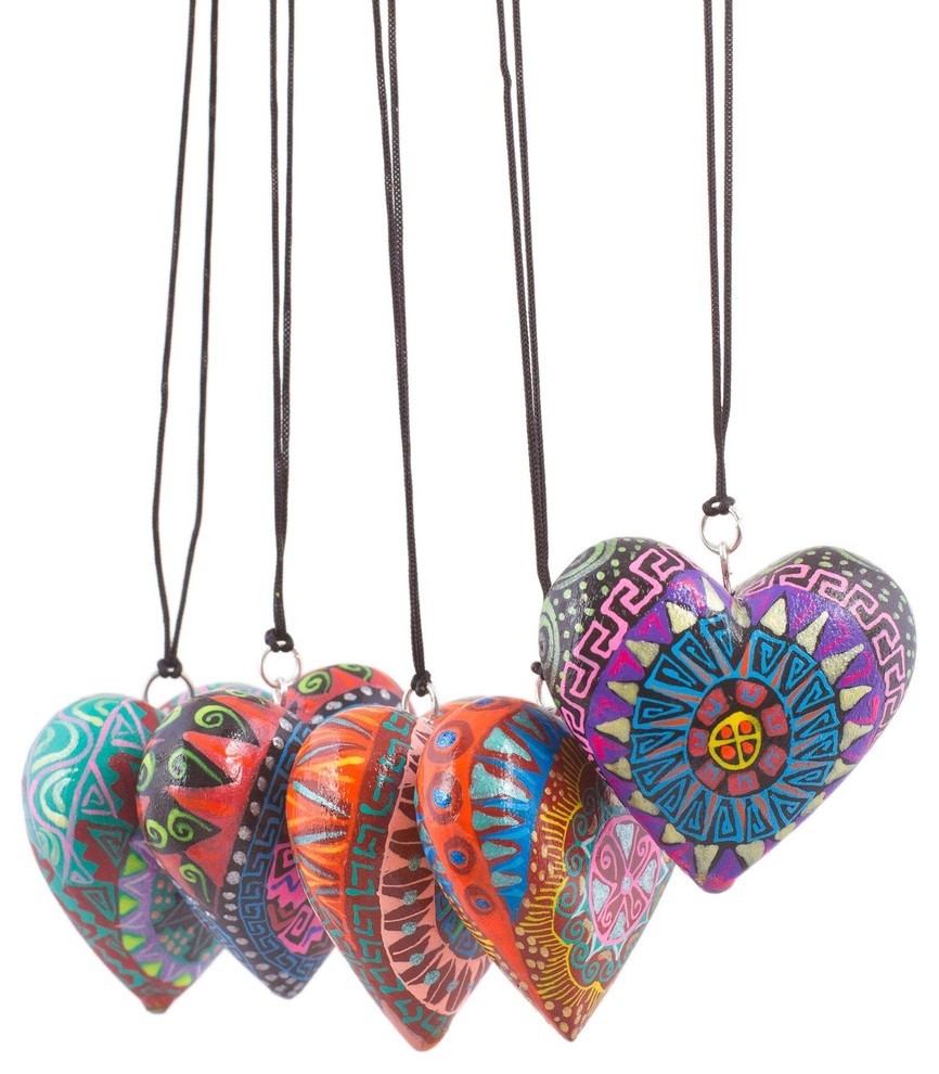 5 Piece Novica Alebrije Hearts Wood Ornaments   Southwestern   Christmas Ornaments   by NOVICA  Houzz