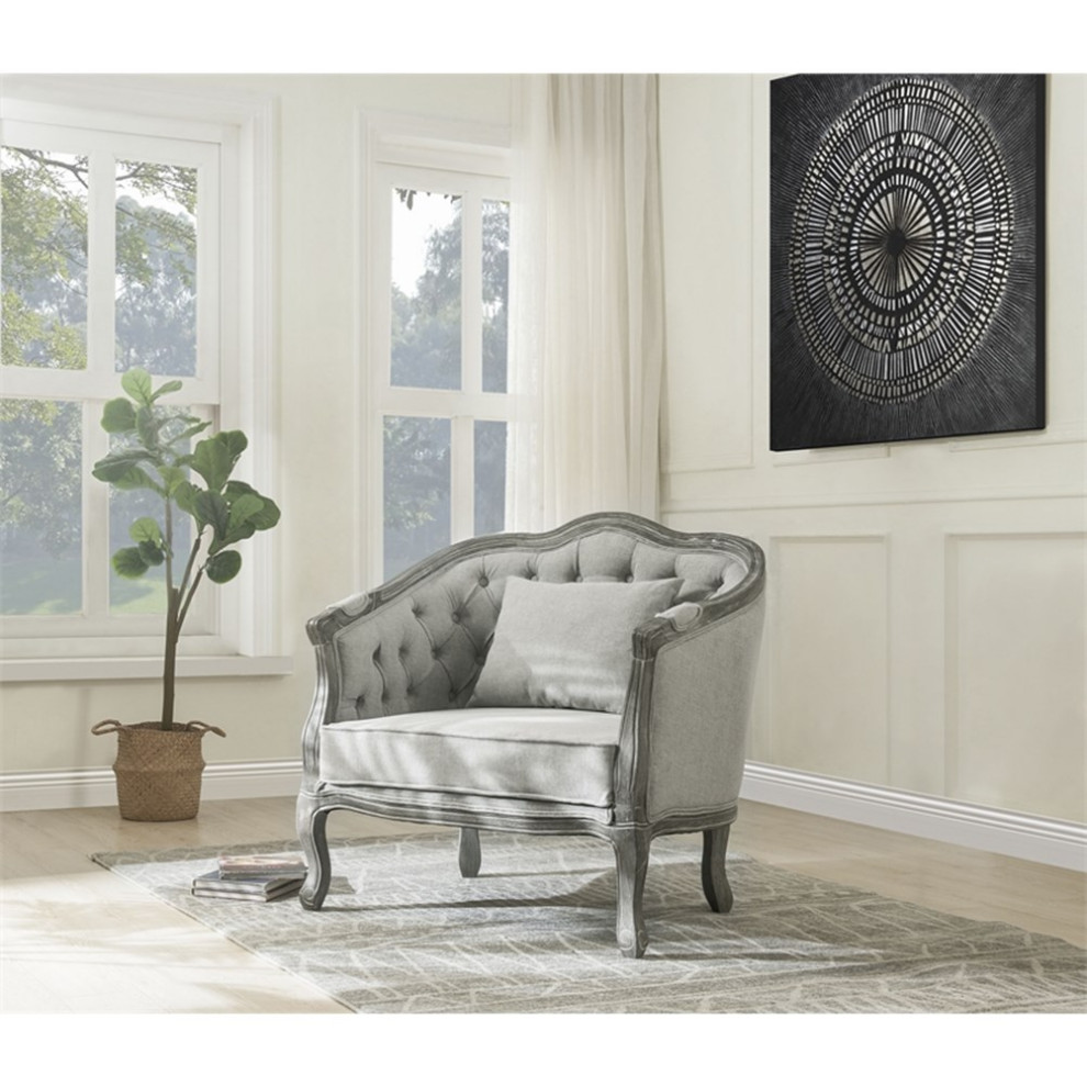 ACME Samael Linen Chair with Wooden Frame and Pillow in Gray and Gray Oak   French Country   Armchairs And Accent Chairs   by Homesquare  Houzz