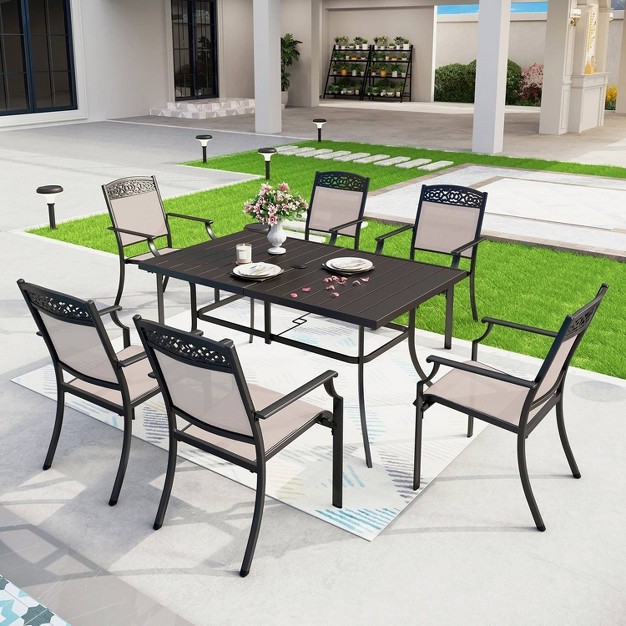 7pc Outdoor Dining Set With Sling Chairs amp Rectangle Metal Table With Umbrella Hole Black Captiva Designs