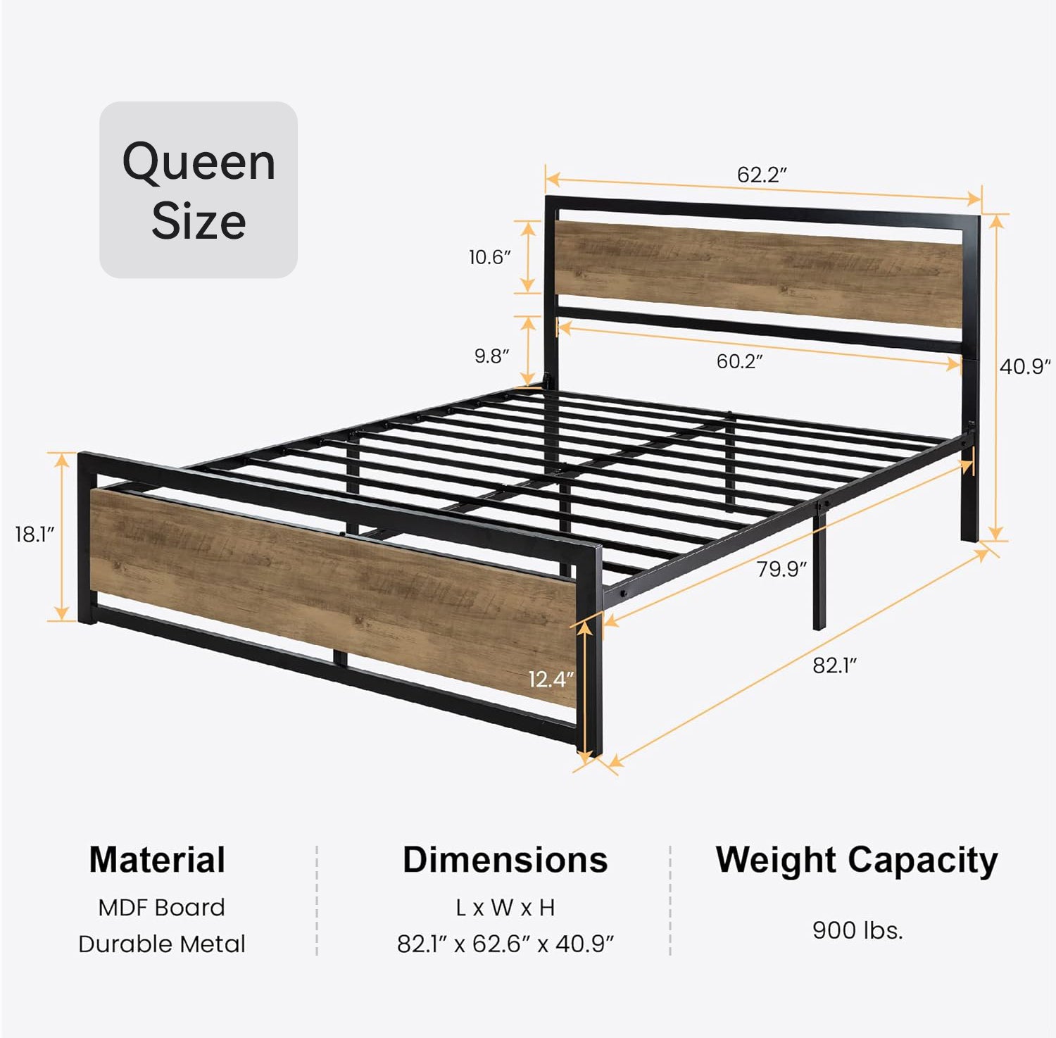 Bed Frame with Wooden Headboard & 13 Strong Metal Slats Supports Bed Frame Heavy Platform Metal