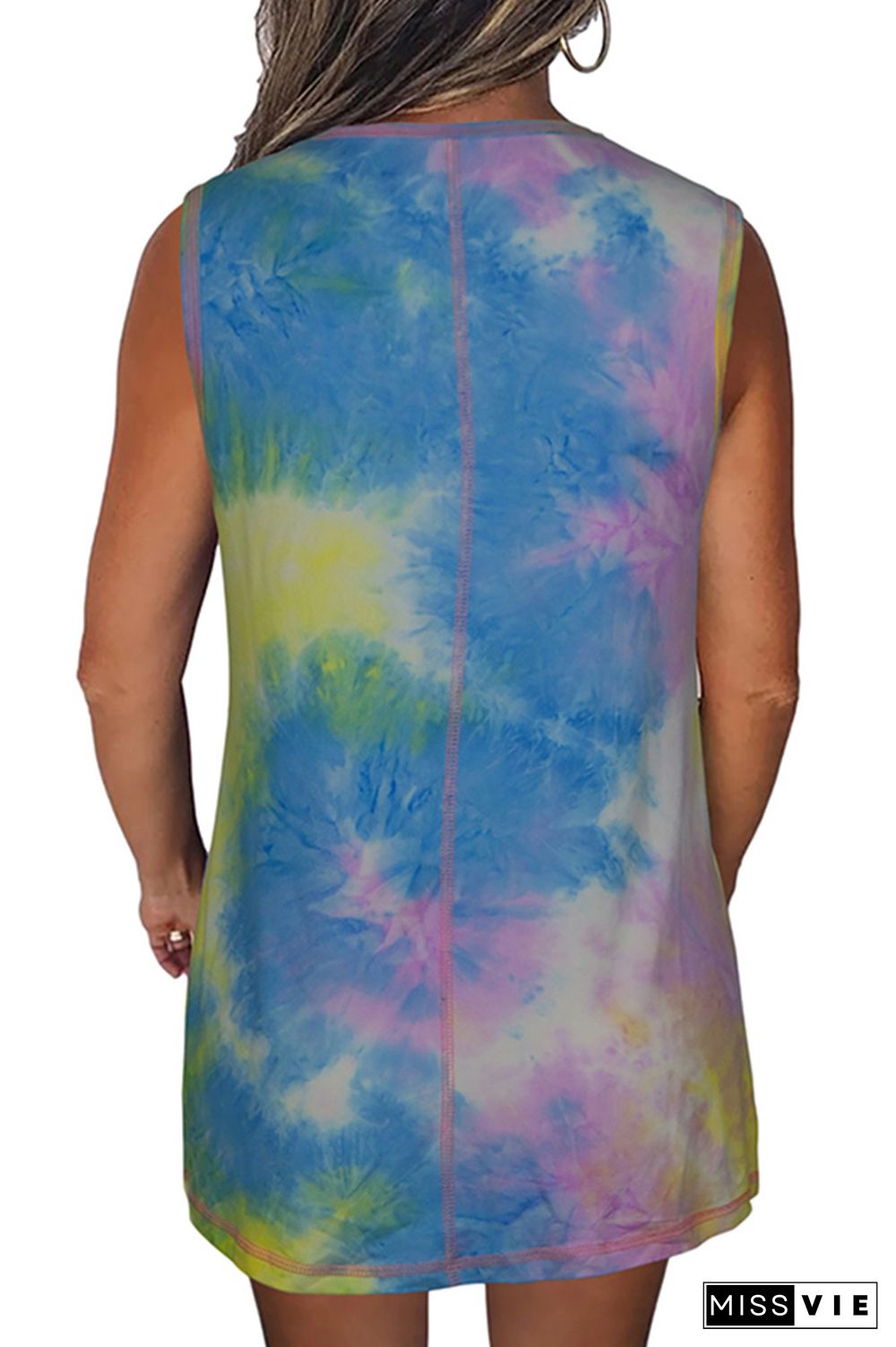 Blue Tie-Dye Round Collar Tank Top