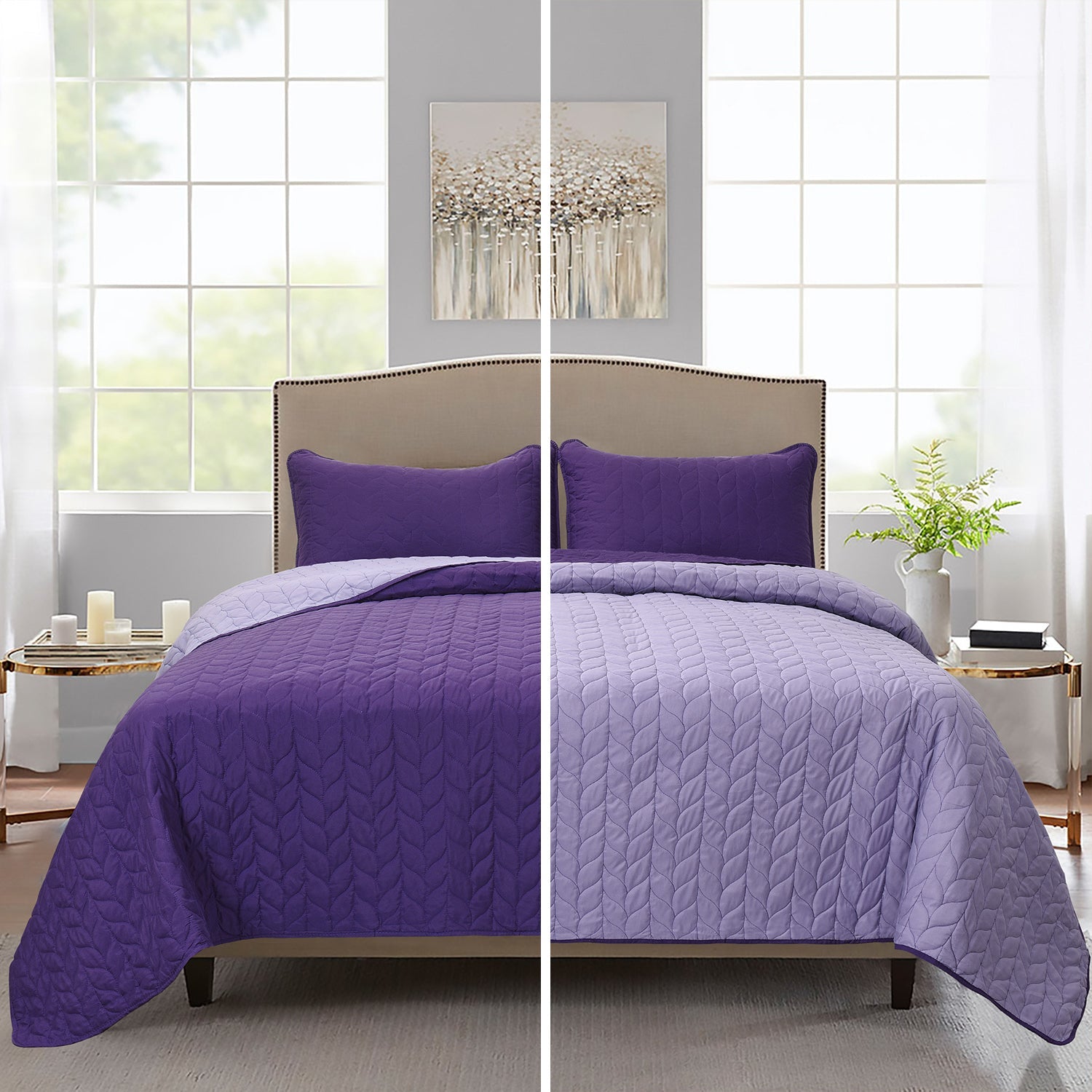 3 Piece Leaves Pattern Reversible Oversized Bedspread Set-Milano