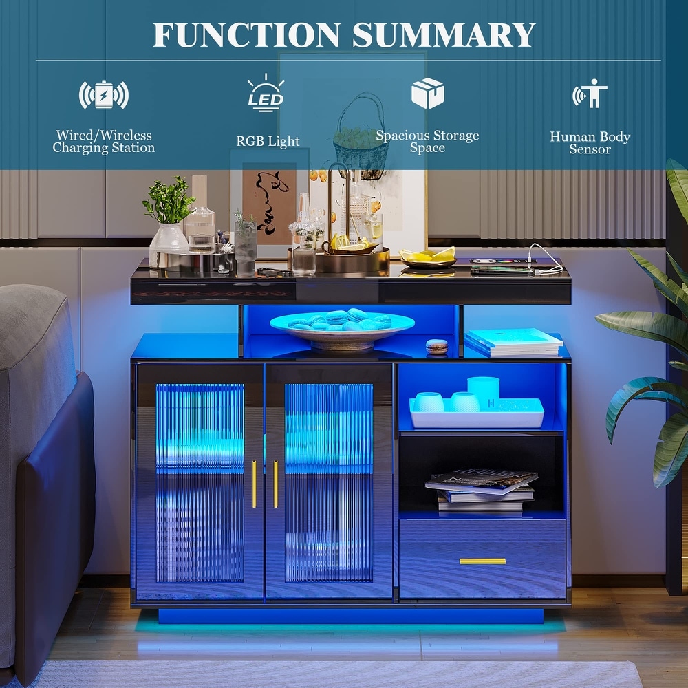 Modern LED Sideboard Buffet Cabinet with Charging Station  Cupboard with Body Sensor Light  Coffee Bar Cabinet with Panel