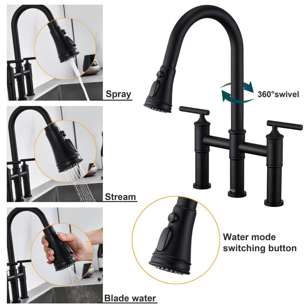 Boyel Living Double Handle Bridge Pull-Down Kitchen Faucet with 3-Spray Patterns and 360 Degrees Rotation Spout in Matte Black BL-KF02MB