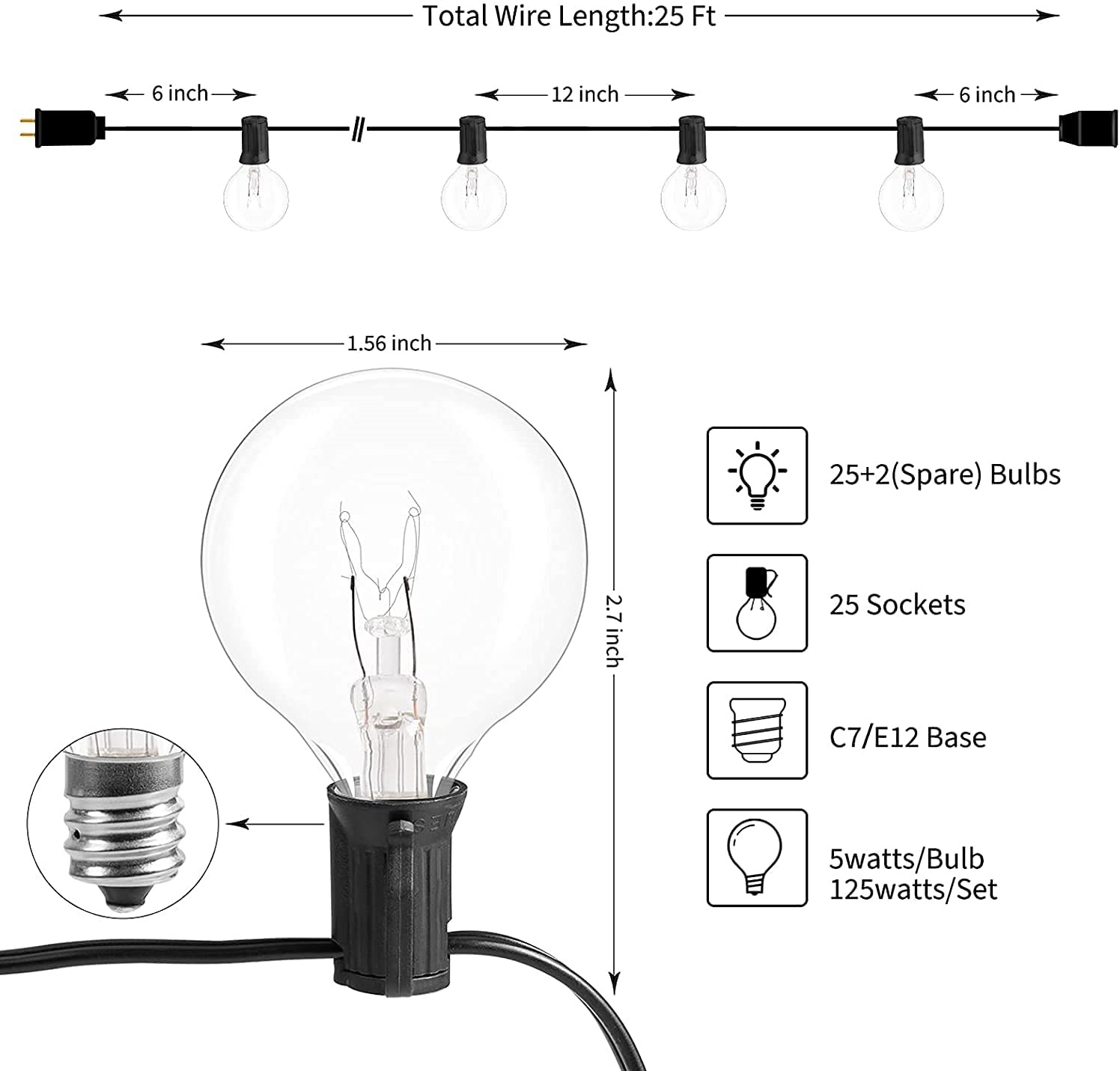 Brightown Outdoor String Lights Edison Glass Bulbs for Backyard Porch， Black， 25ft