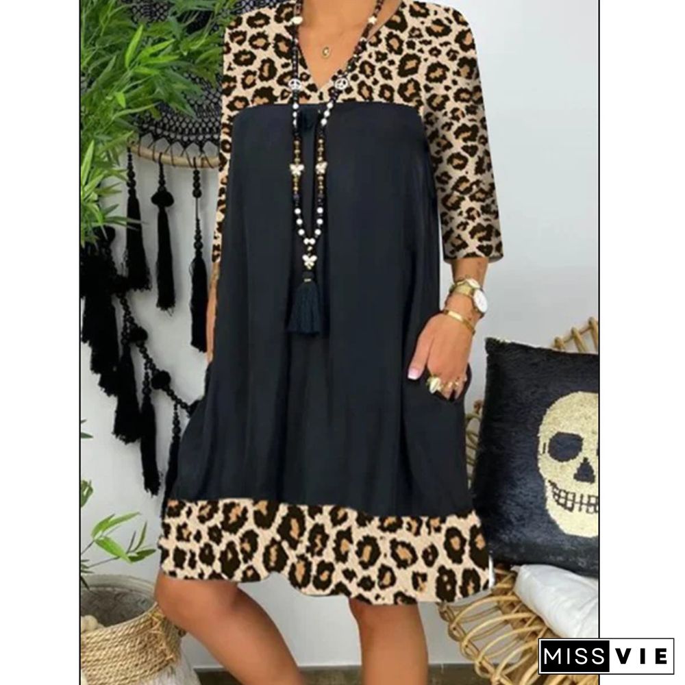 Leopard Splicing V-neck Long Sleeve Loose Dress