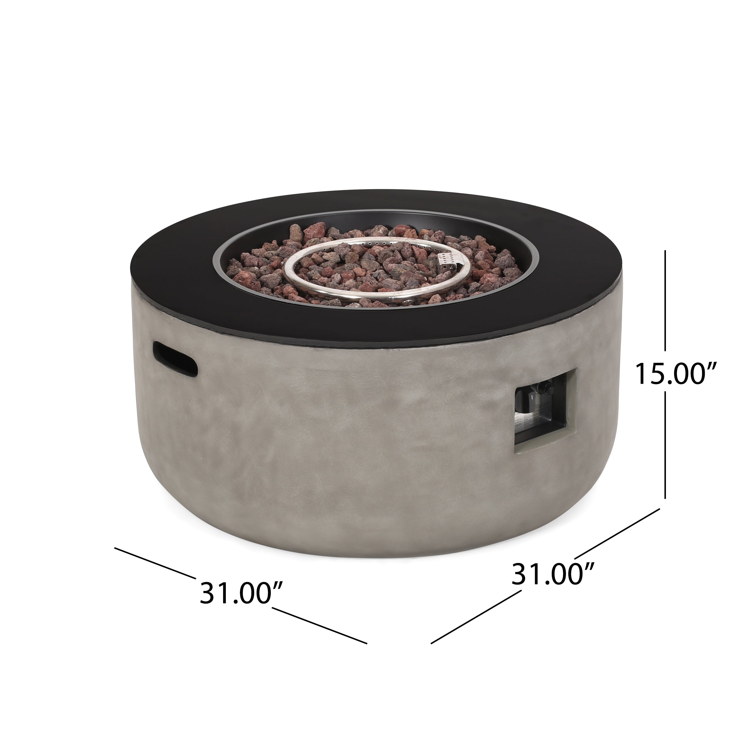 Riga Outdoor 50,000 BTU Lightweight Concrete and Ceramic Circular Fire Pit (No Tank Holder), Light Gray and Black