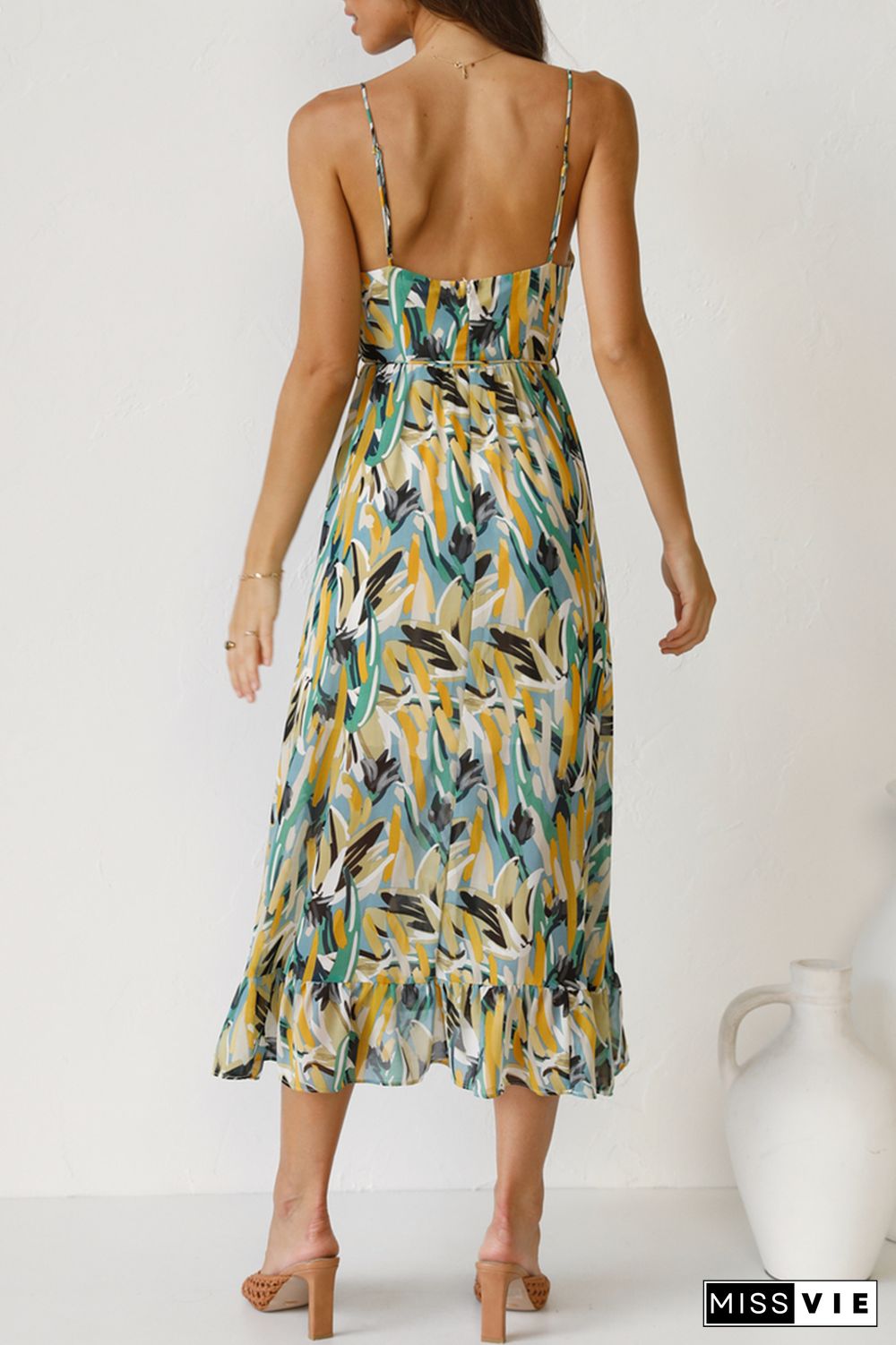 Fashion Print Split Joint Spaghetti Strap Cake Skirt Dresses