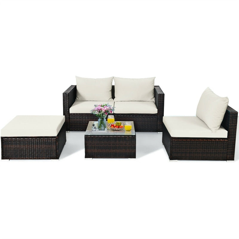 5 Pcs Rattan Wicker Outdoor Patio Sectional Furniture Set with Coffee Table & Cushions