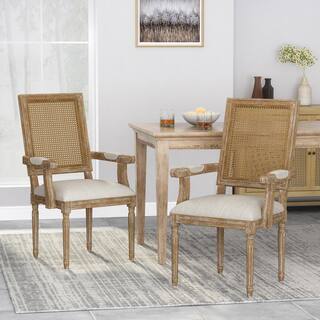 Noble House Aisenbrey Beige and Natural Wood and Cane Arm Chair (Set of 2) 105450