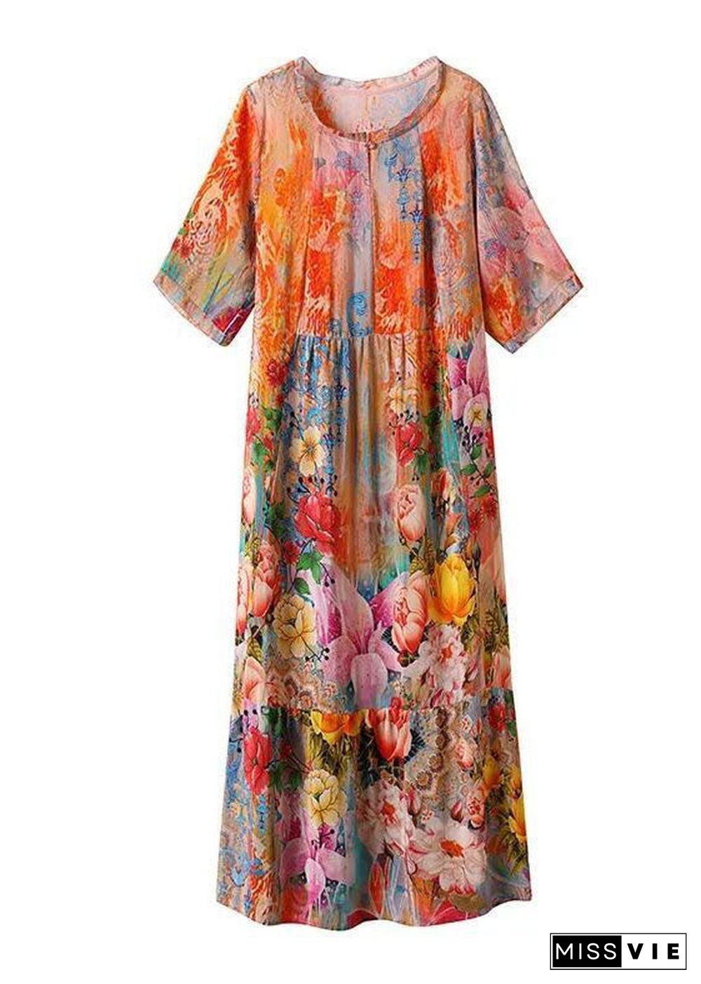 Women Orange Ruffled Print Silk Beach Dress Summer