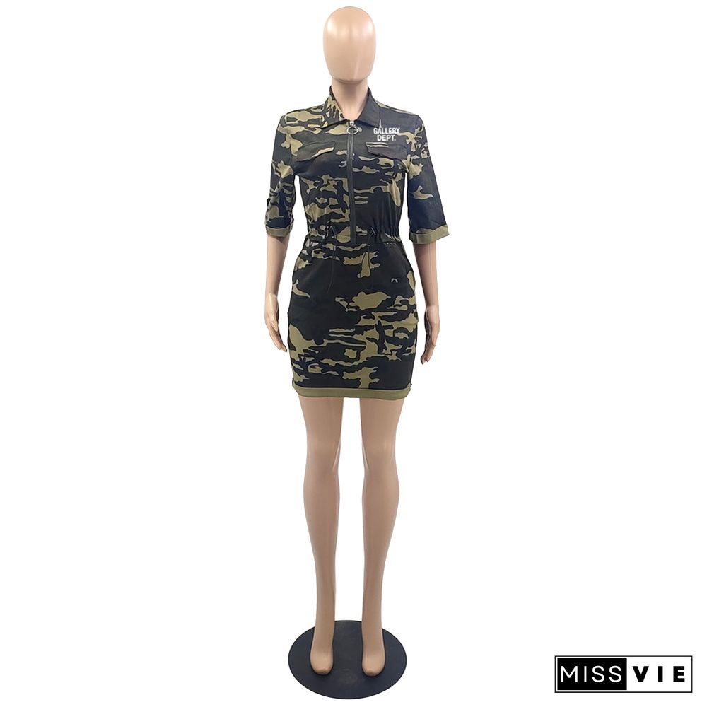 Camo Print Short Sleeve Turn Down Collar Cargo Dresses