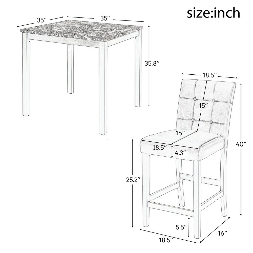 Modern 5 Piece Solid Wood Dining Set with Marbleized Wooden Table and 4 Tufted Leather Upholstery Chairs