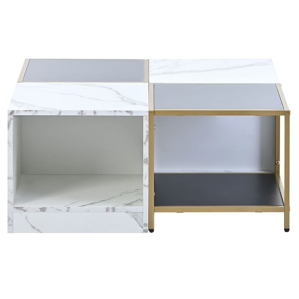 Modern Unique 2-Layer Coffee Table with Metal Frame，Square Cocktail Table with High Gloss - as picture