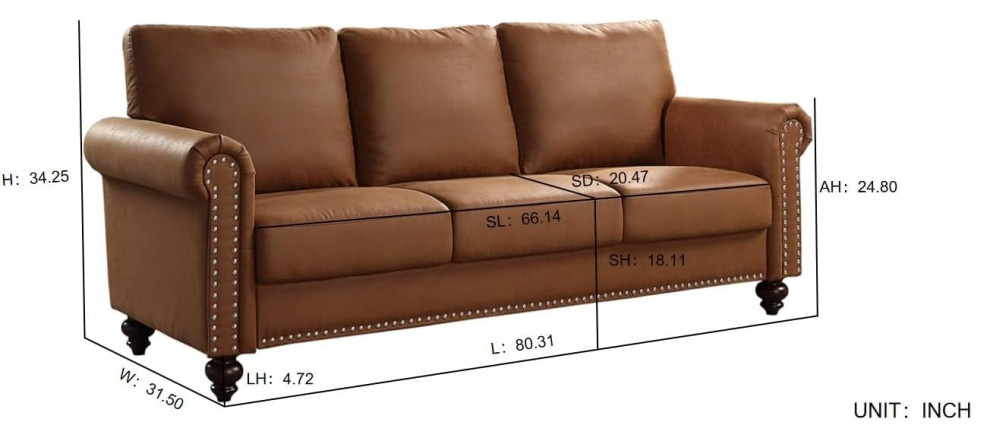 Classic Sofa  Faux Leather Upholstery  ampRolled Arms With Nailhead   Traditional   Sofas   by Decor Love  Houzz