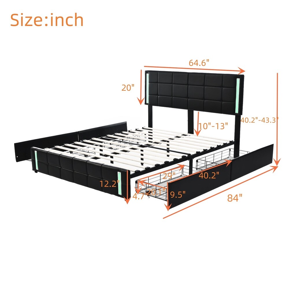 Queen Size Upholstered Platform LED Bed Frame