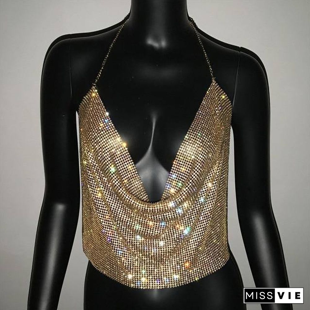 FestivalQueen Brilliant Rhinestone Backless Party Crop Top Women Summer Deep V Neck Night Club Diamonds Metal Tank Tops