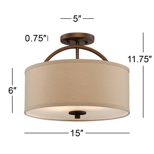 Wide Brushed Bronze 2 light Oatmeal Linen Drum For Bedroom Living Room