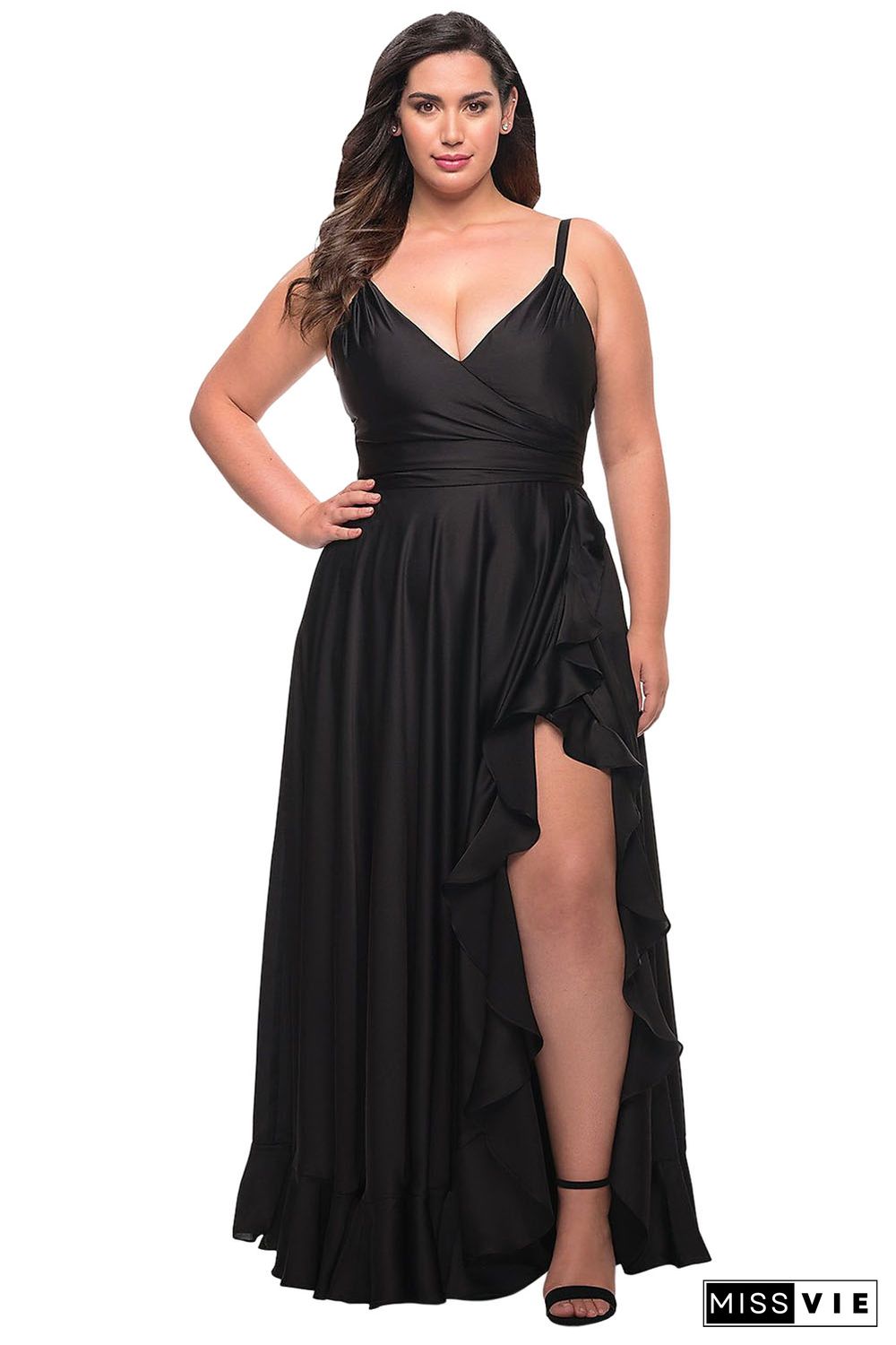 Black Ruffled Thigh High Slit Sleeveless Plus Size Evening Dress