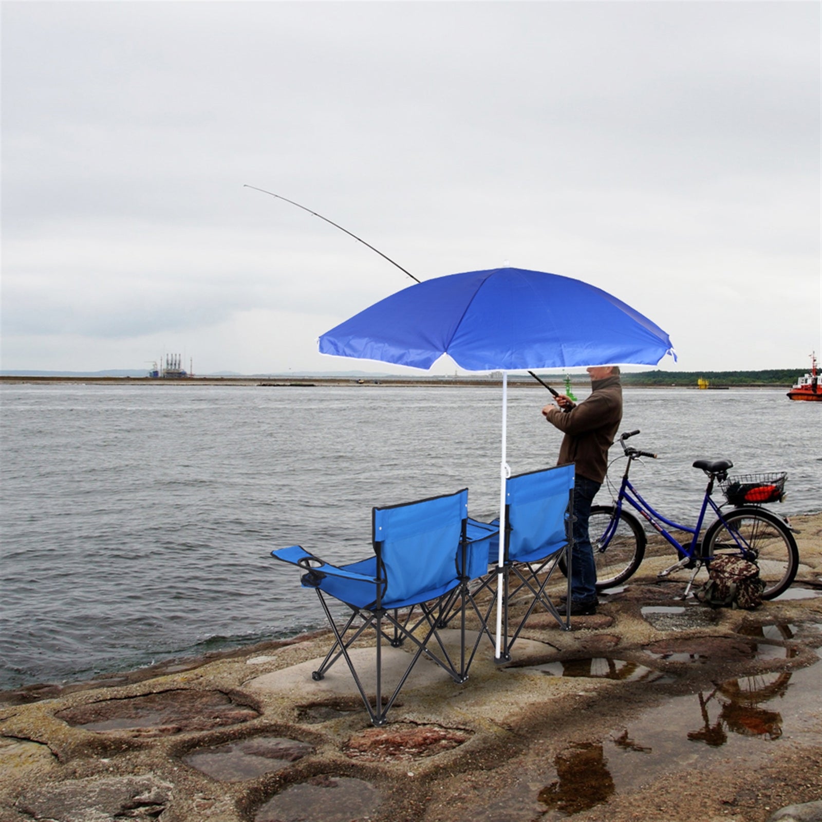 Outdoor Picnic Chairs， Folding Camping Chair with Cup Holder and Storage Pocket Carry Bag， Blue