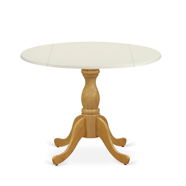 Wood Dining Table with Drop Leaves - Linen White Table Top and Oak Pedestal Leg Finish - Multi