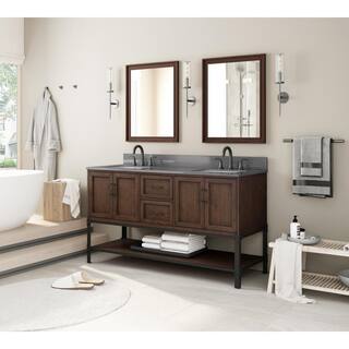 Home Decorators Collection Alster 60in. W x 22in. D x 35in. H Double Vanity in Brown Oak with Engineered Calacatta Grey Marble Top and White Sinks TJ-0401V6022BR